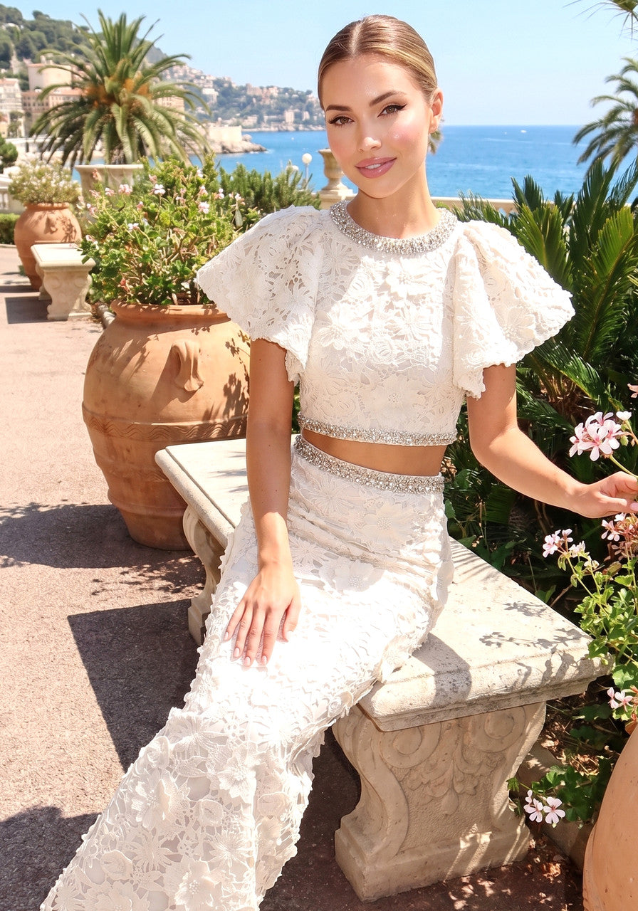 Crystal Floral Crochet Two Piece Maxi Dress Ivory