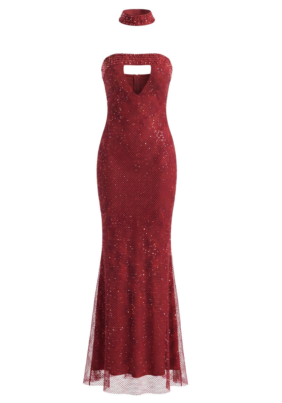 Strapless Choker Embellished Maxi Dress Red