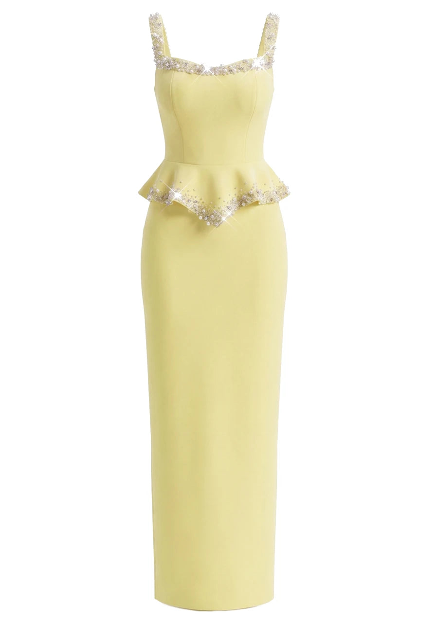 Crystal Pearl Peplum Detail Maxi Dress Yellow