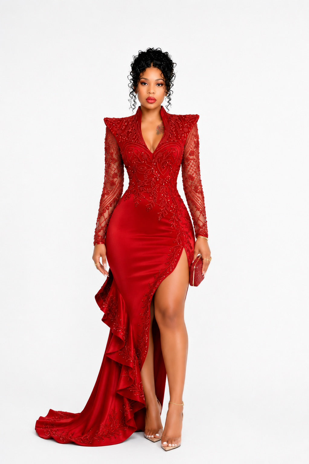 Long Sleeve Sequin Ruffle Midi Dress Red