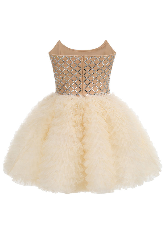 Strapless Embellished Ruffle A Line Dress Ivory