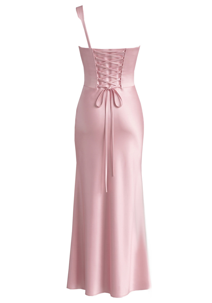 One Shoulder Draped Corset Maxi Dress Pink