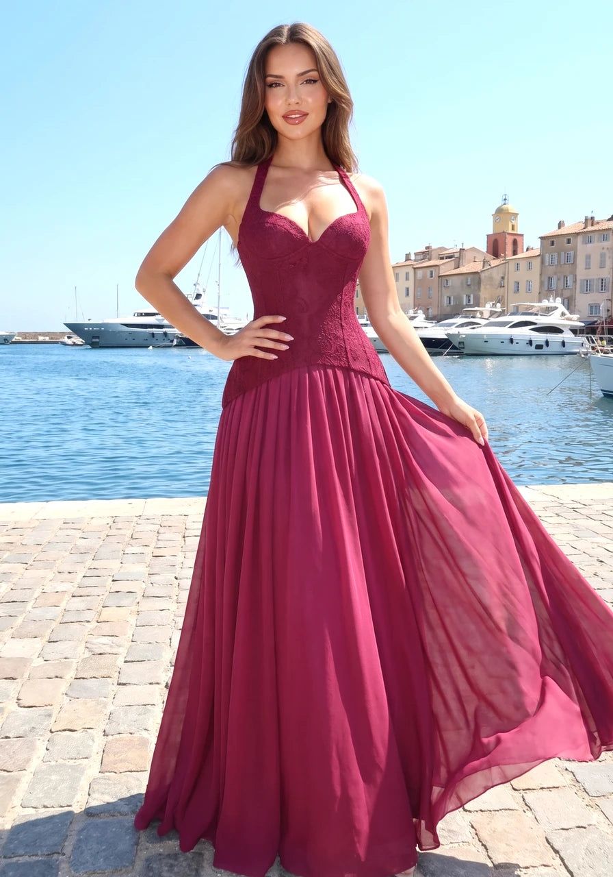 Halter Floral A Line Corset Maxi Dress Burgundy
