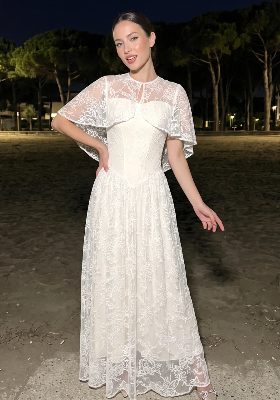 Lace Cape Strapless A Line Maxi Dress Ivory