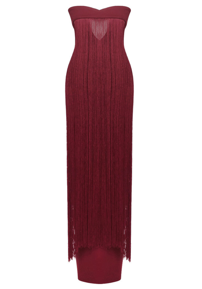 Strapless Tassel Maxi Dress Burgundy