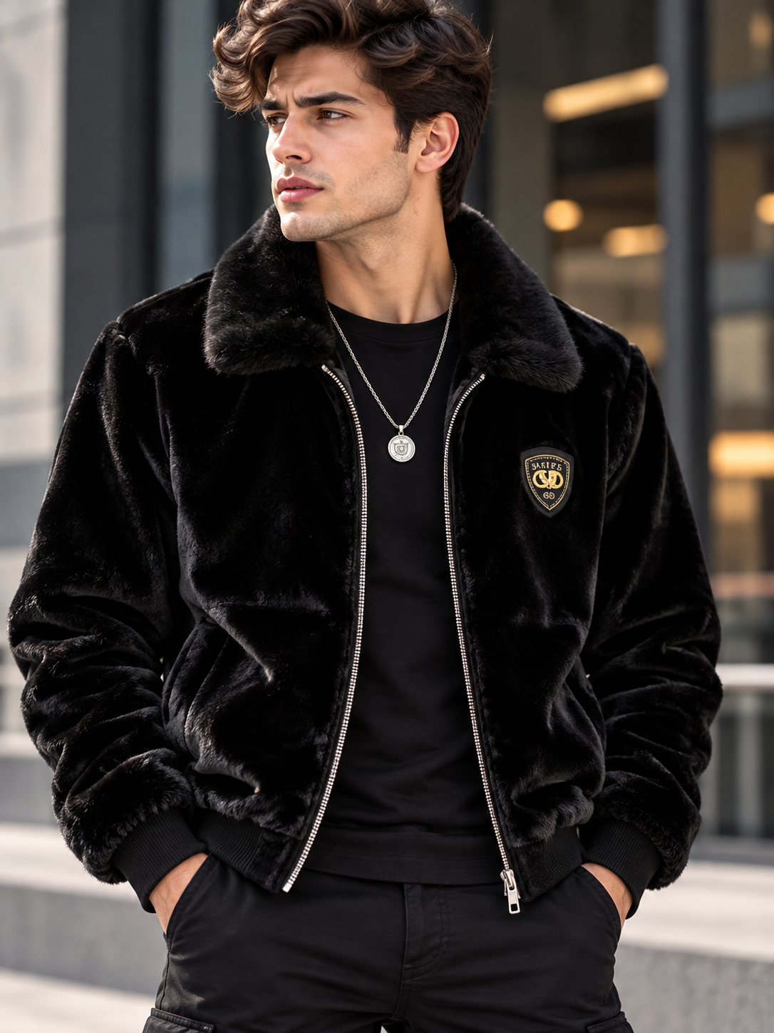 Men's Plus Size Faux Fur Zip Up Jacket with Plush Collar