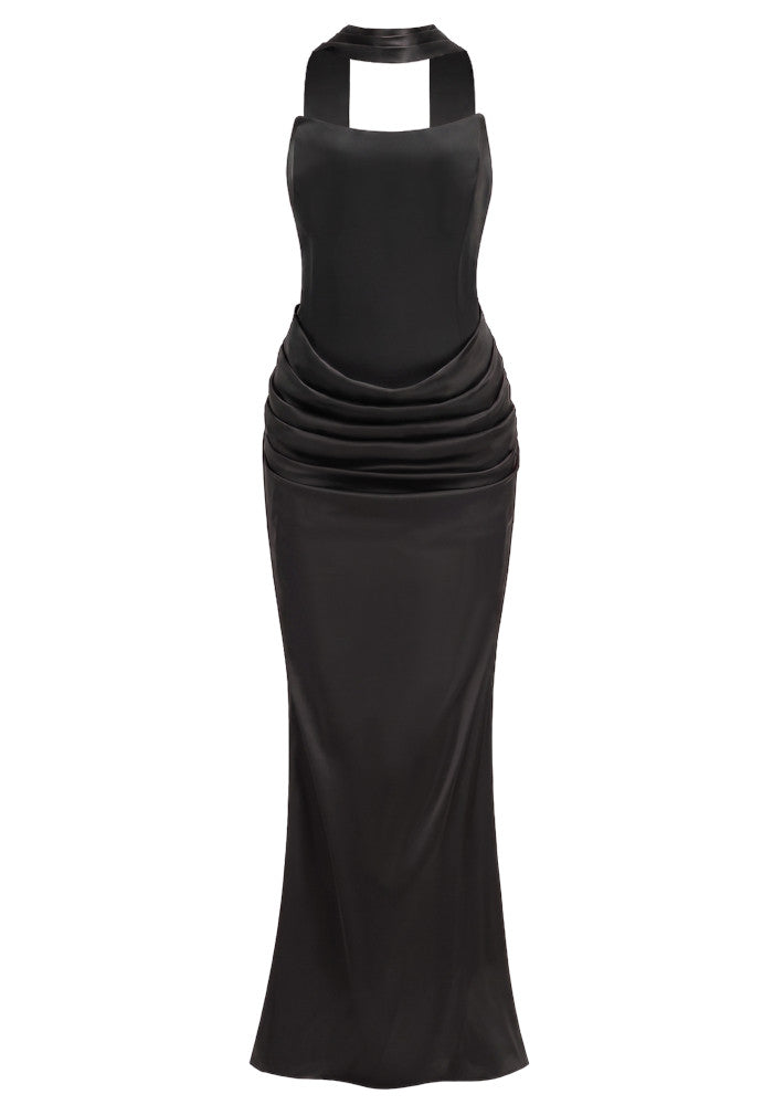 Strapless Draped Corset Maxi Dress Black