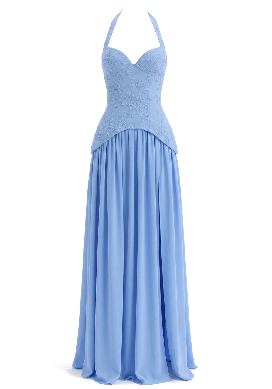 Halter Floral A Line Corset Maxi Dress Blue