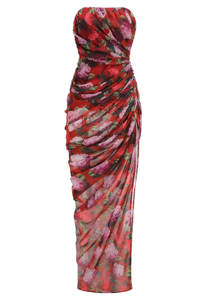 Strapless Draped Floral Maxi Dress Red