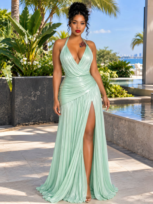 Mint Green Halterneck Ruched Slit Maxi Dress