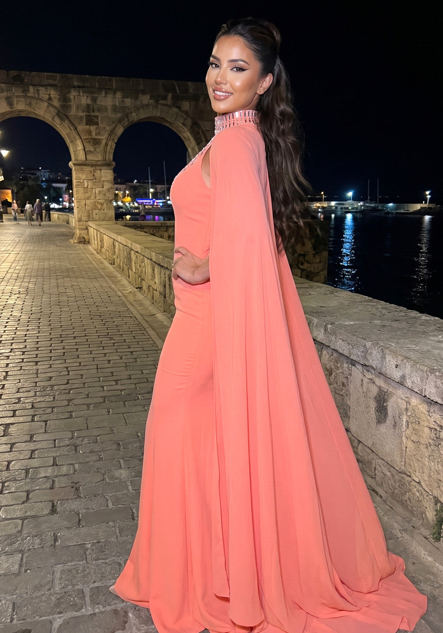 Cape Embellished Maxi Dress Coral Red