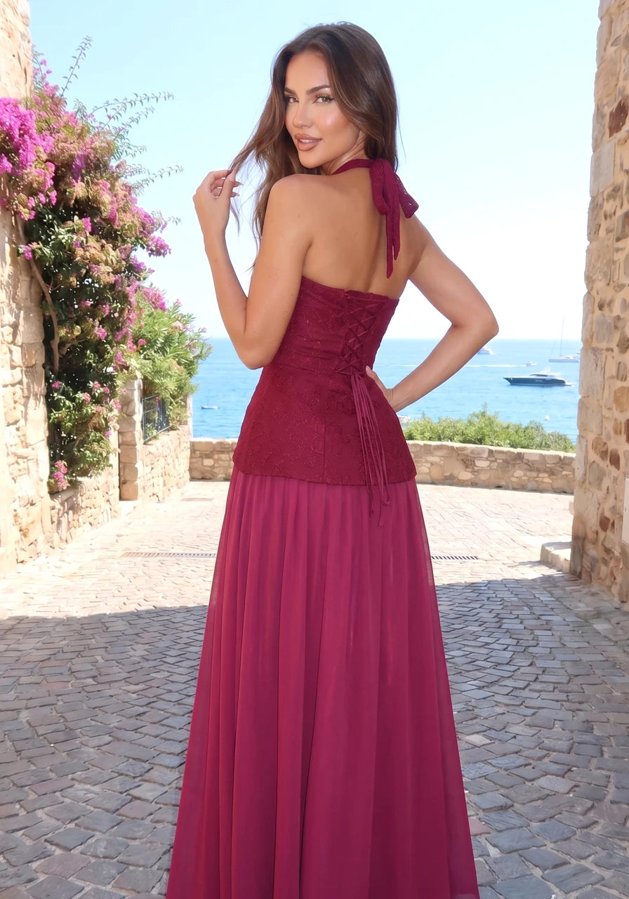 Halter Floral A Line Corset Maxi Dress Burgundy