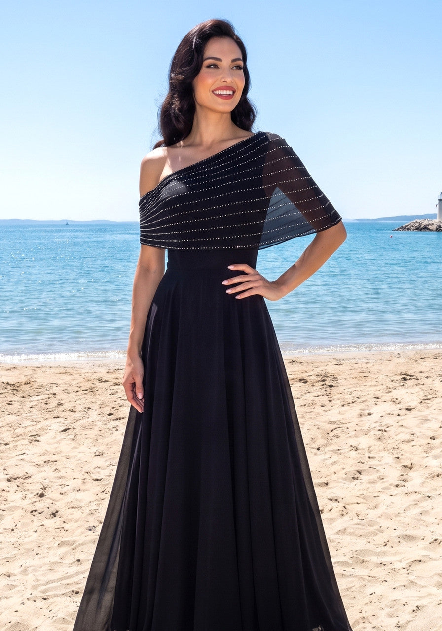 Embellished Bardot A Line Maxi Dress Black