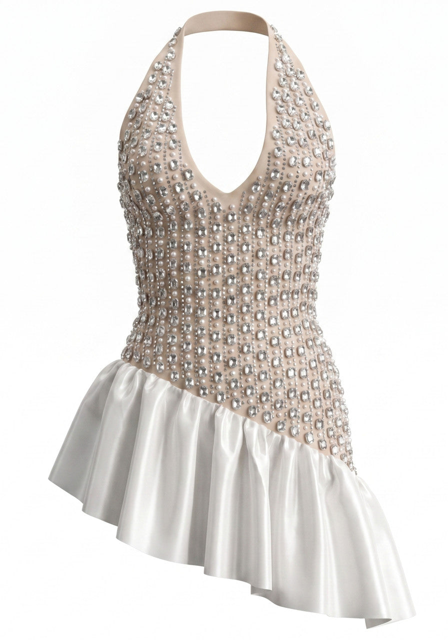 Halter Crystal Ruffle Dress Nude White