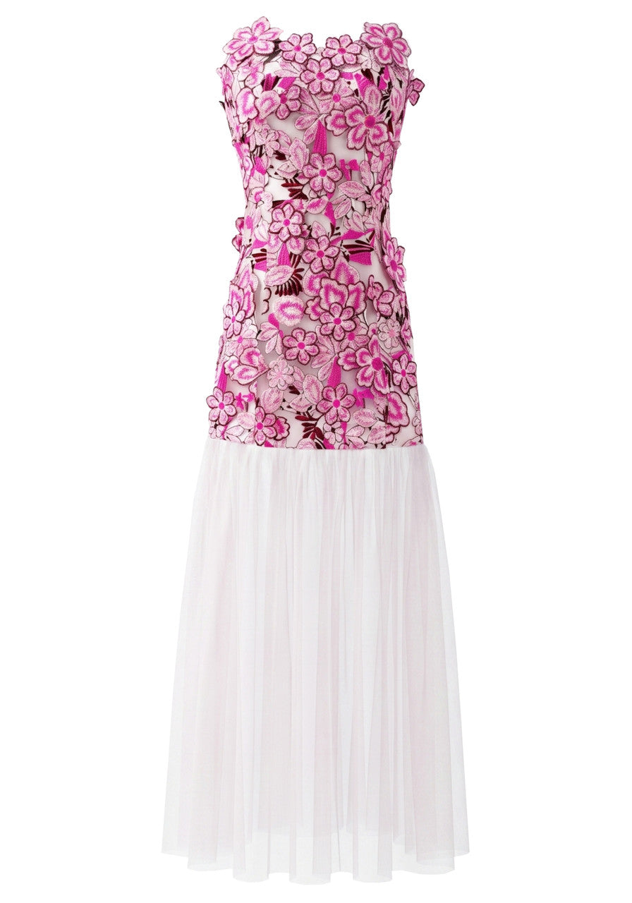 Strapless Floral A Line Maxi Dress Hot Pink