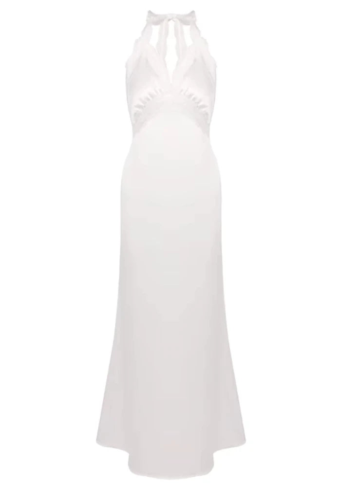 Halter Lace Trim Maxi Dress White