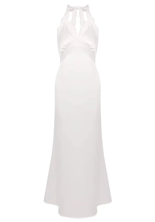 Halter Lace Trim Maxi Dress White