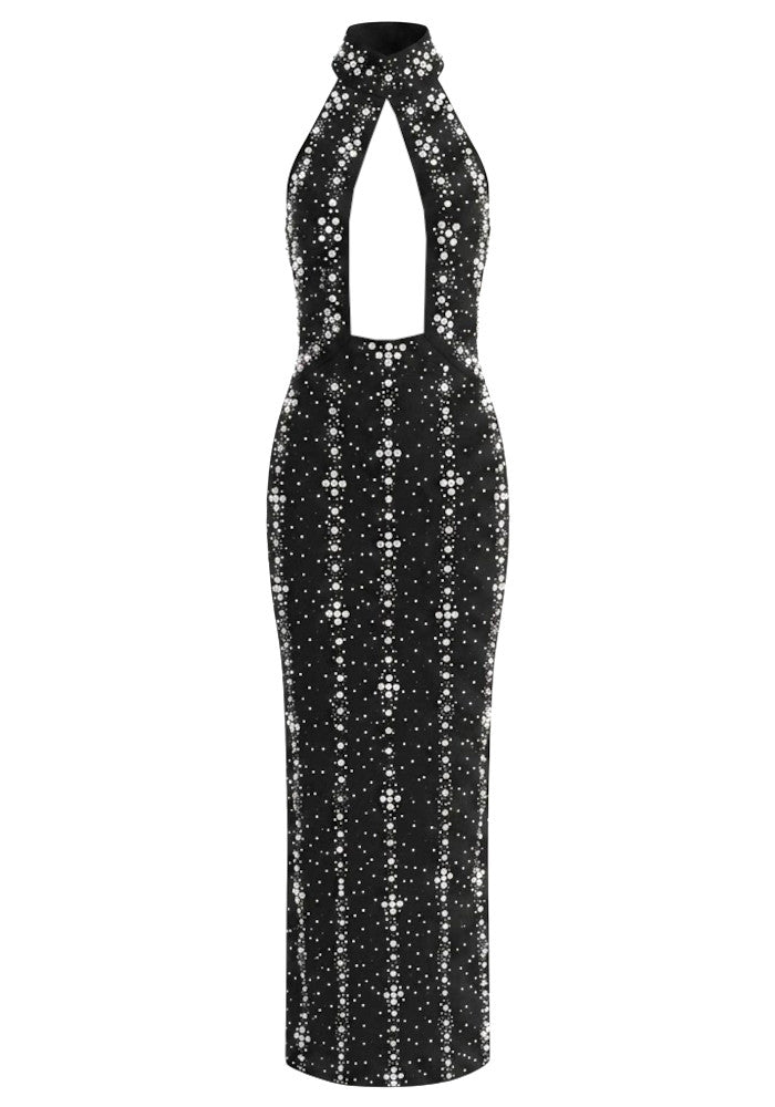 Halter Crystal Cut Out Maxi Dress Black