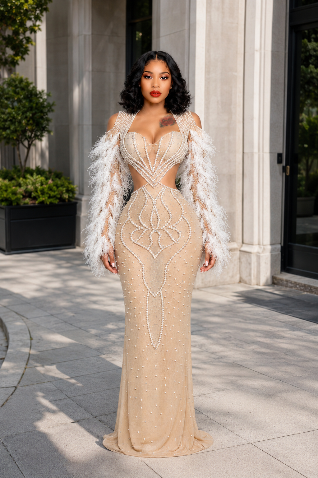Champagne Pearl Feather Gown