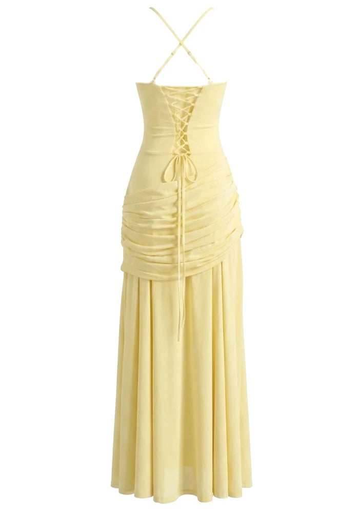 Halter Draped Detail Corset A Line Maxi Dress Yellow
