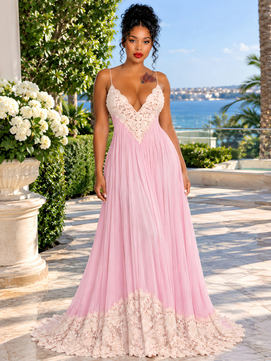 Pink Ruffled Maxi Dress with Lace Trim