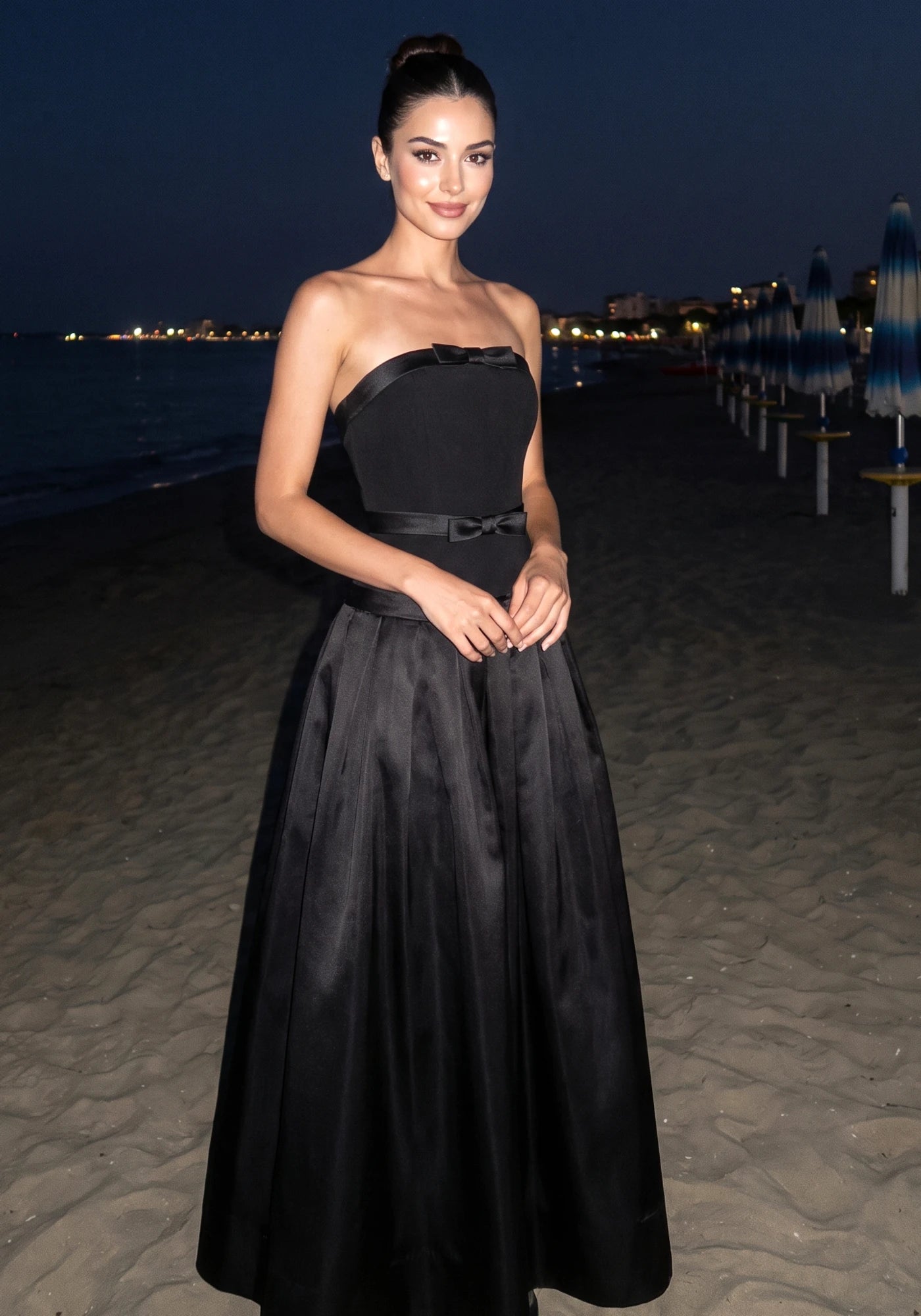 Strapless Bow Detail A Line Maxi Dress Black
