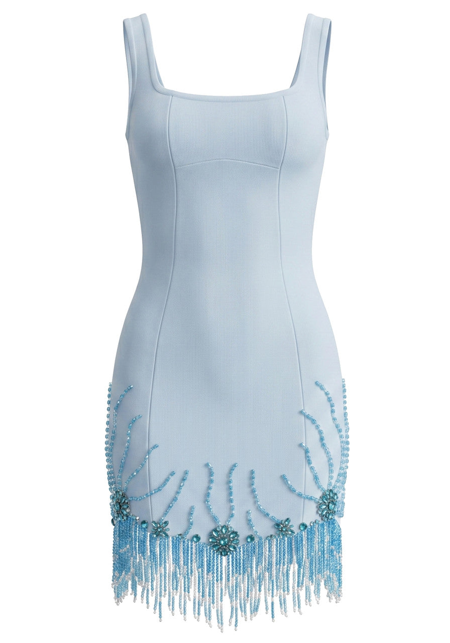 Crystal Floral Tassel Dress Light Blue