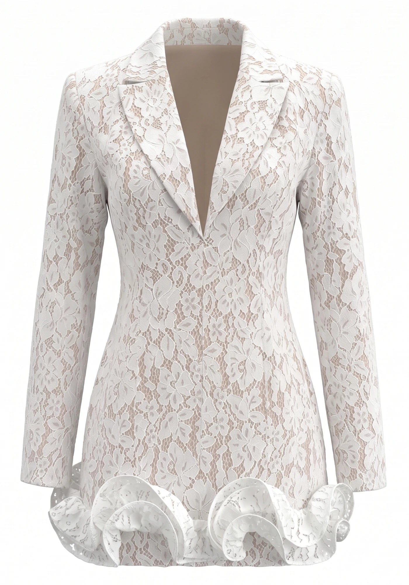 Long Sleeve Lace Ruffle Blazer Dress White