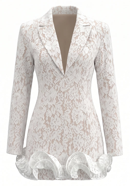 Long Sleeve Lace Ruffle Blazer Dress White
