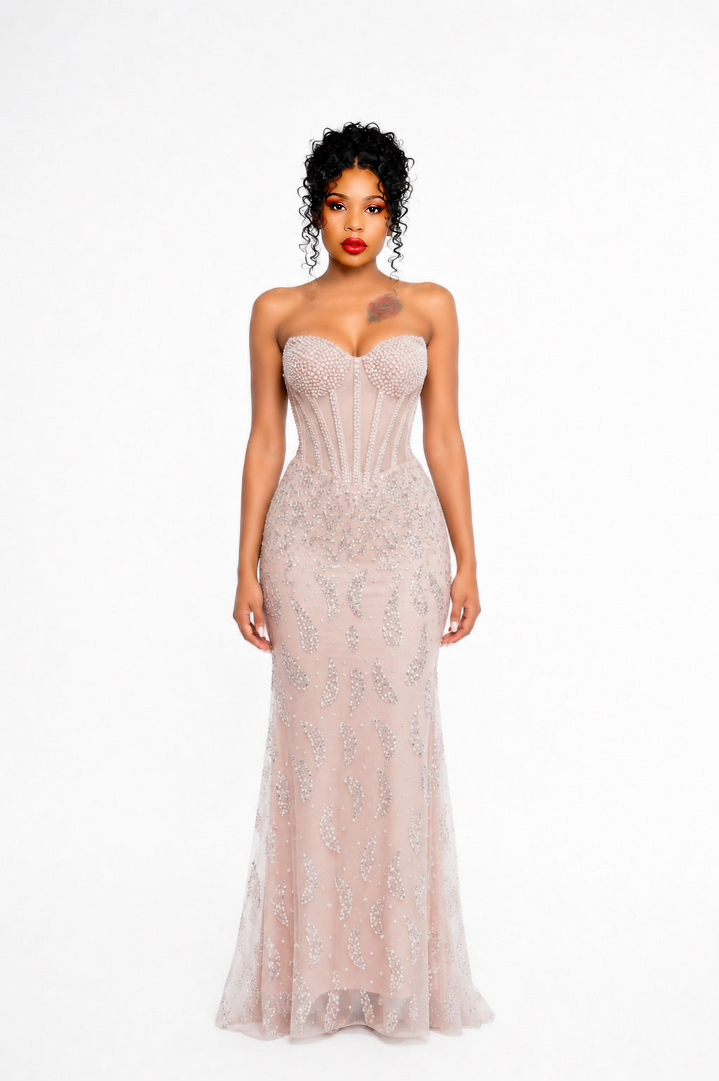 Strapless Sequin Pearl Corset Maxi Dress Nude Pink