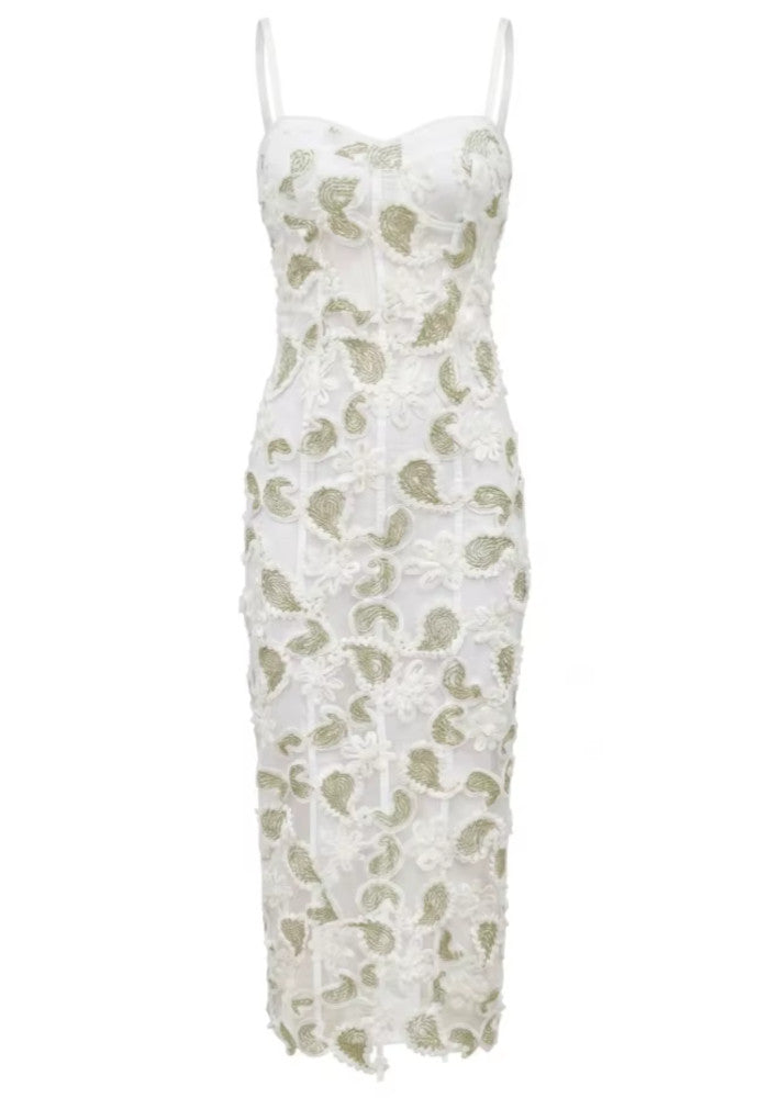 Floral Lace Midi Dress White Green