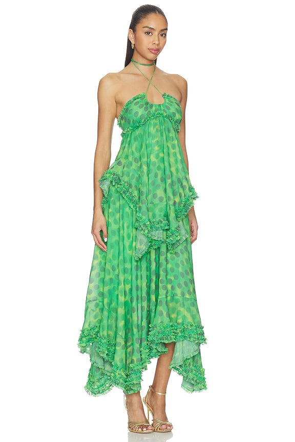 Emerald Oasis Ruffle Maxi Dress