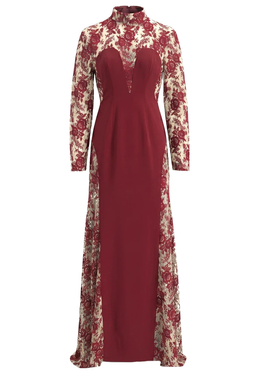 Long Sleeve Floral Lace Maxi Dress Burgundy