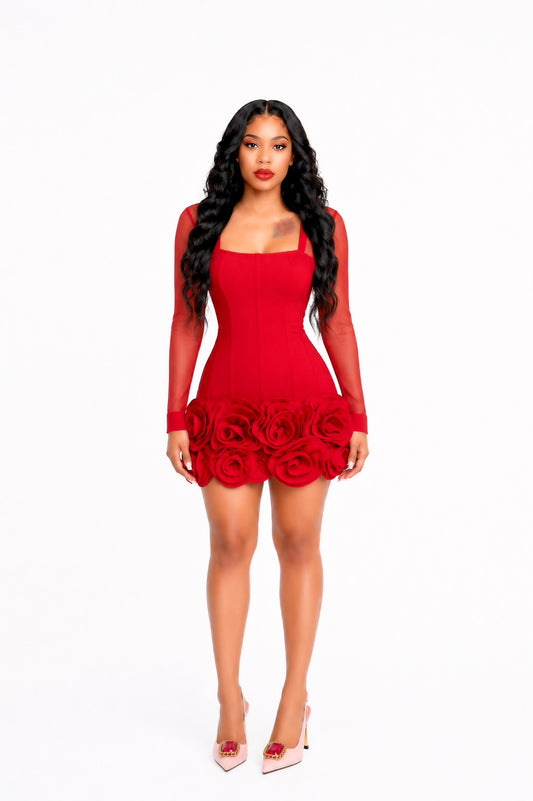 Mesh Long Sleeve Structured Floral Dress Red