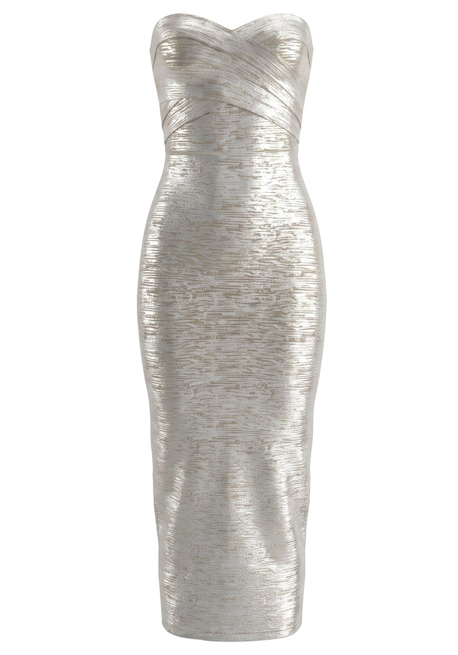 Strapless Woodgrain Foil Print Midi Dress Silver