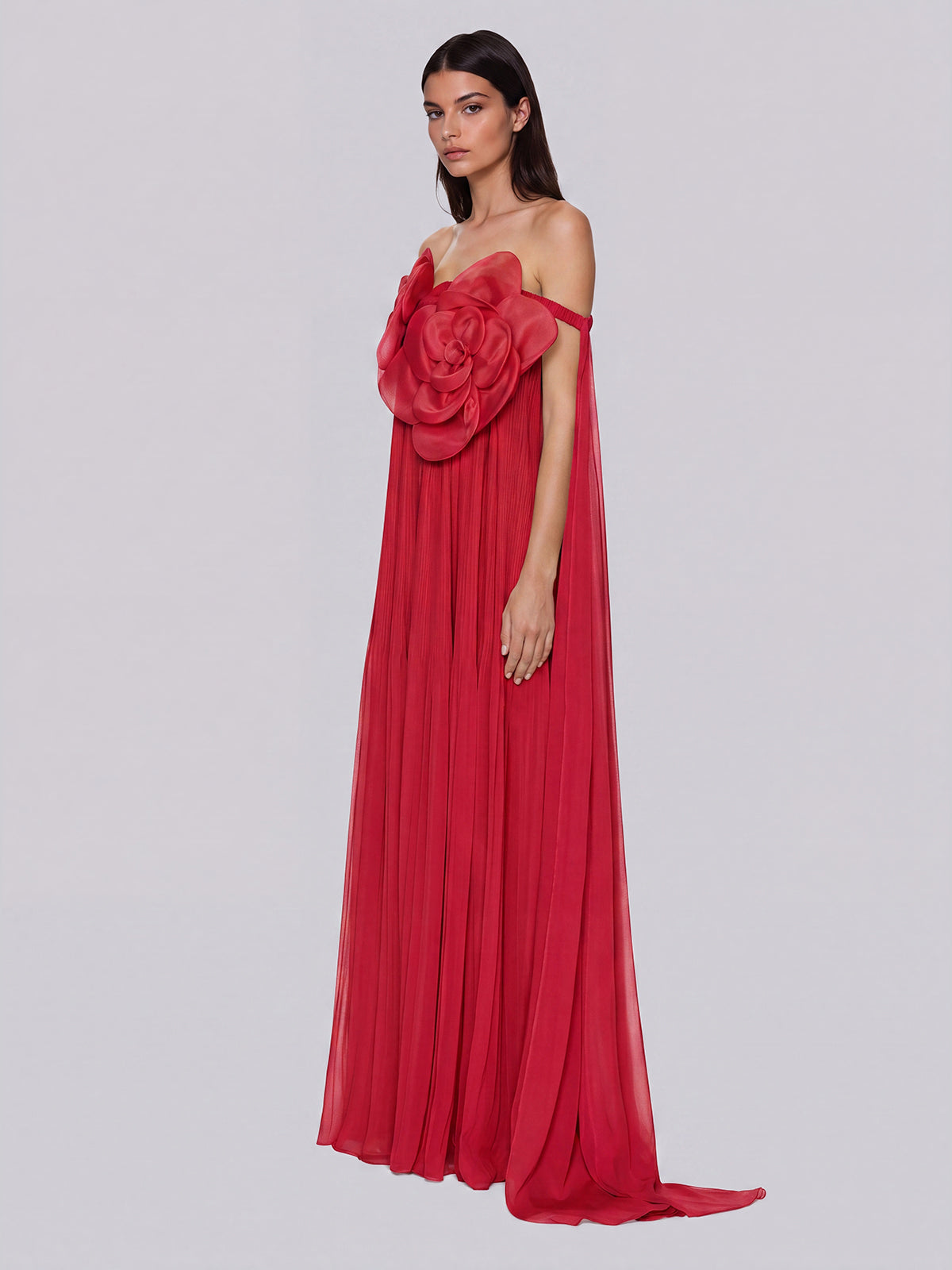 Off Shoulder Flower Pleated Maxi Dress In Red