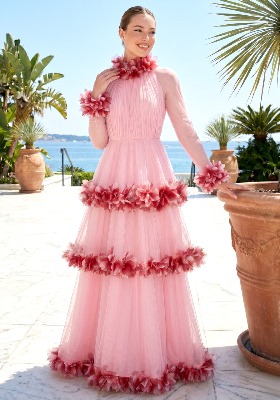 Long Sleeve Feather A Line Maxi Dress Pink