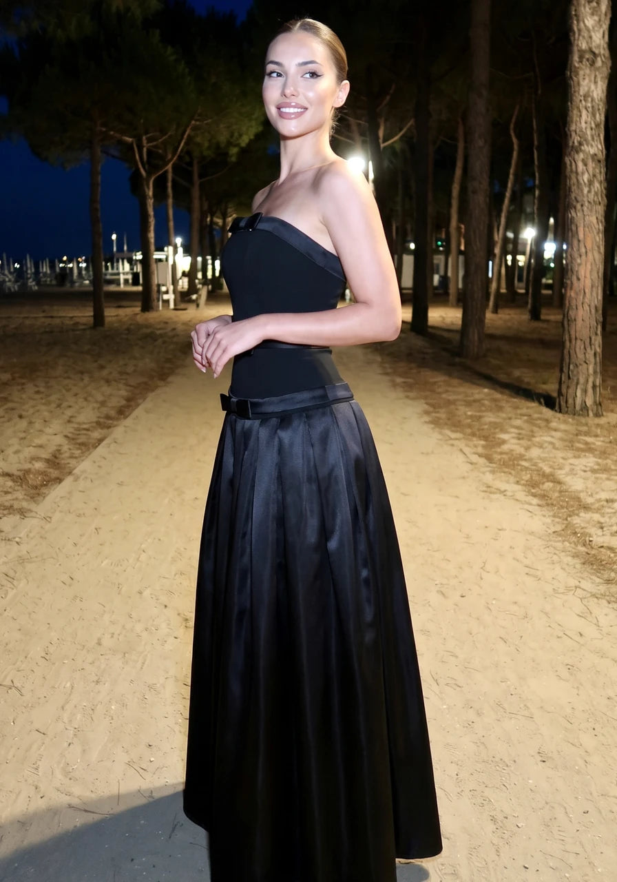 Strapless Bow Detail A Line Maxi Dress Black