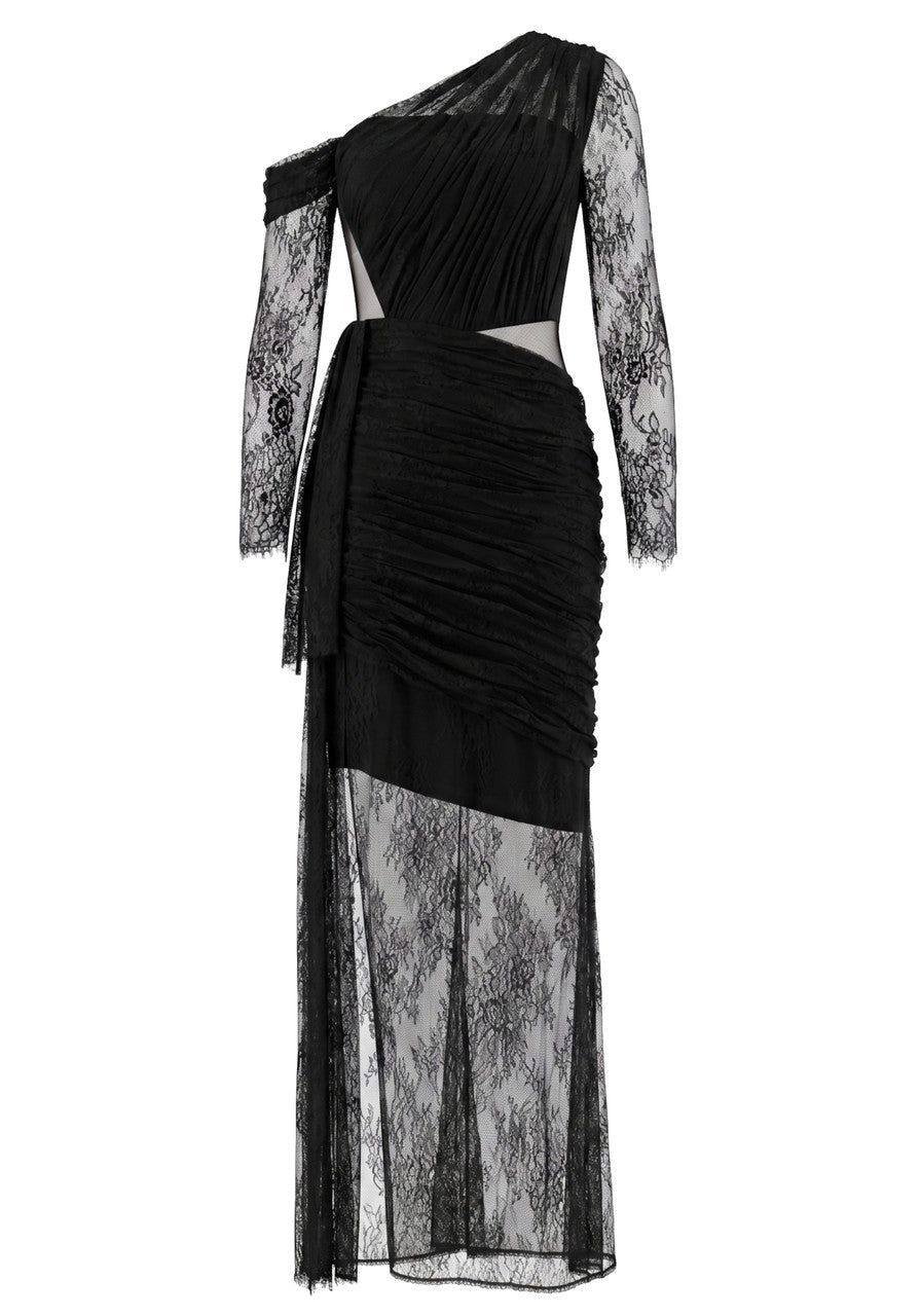 Long Sleeve Draped Lace Maxi Dress Black