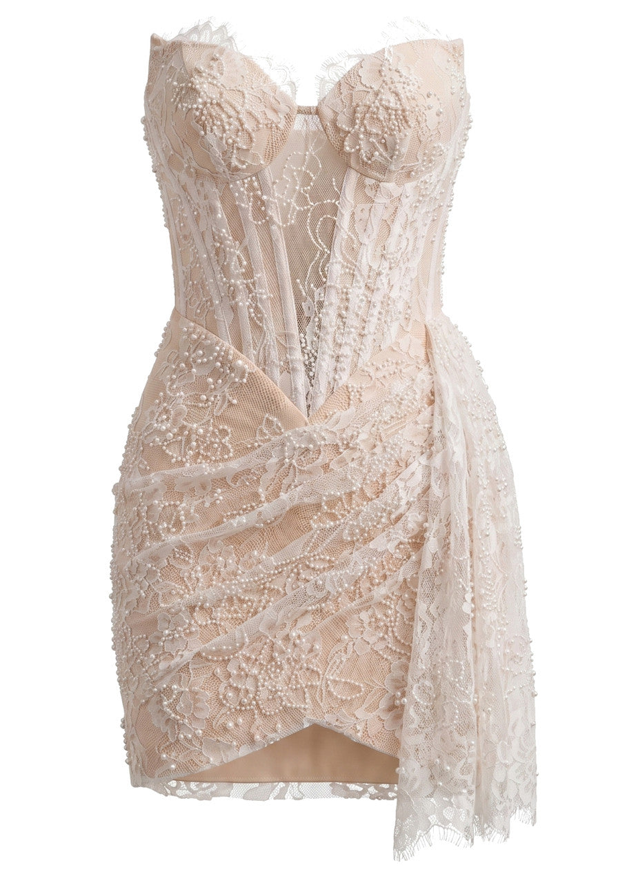 Strapless Draped Lace Dress Nude