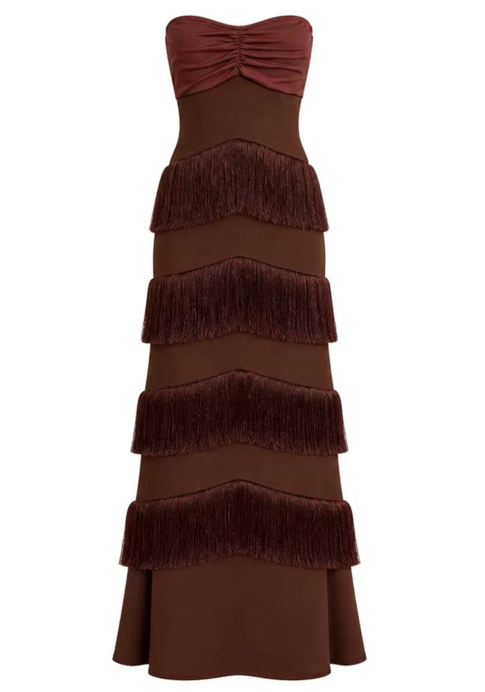 Strapless Tassel Detail Maxi Dress Brown