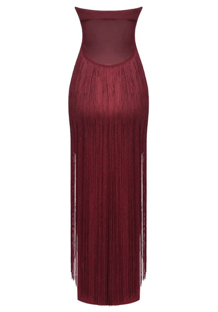 Strapless Tassel Maxi Dress Burgundy
