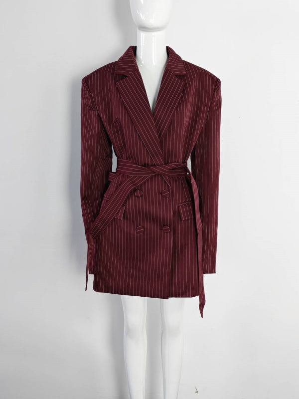 Burgundy Pinstripe Structured Blazer Mini Dress