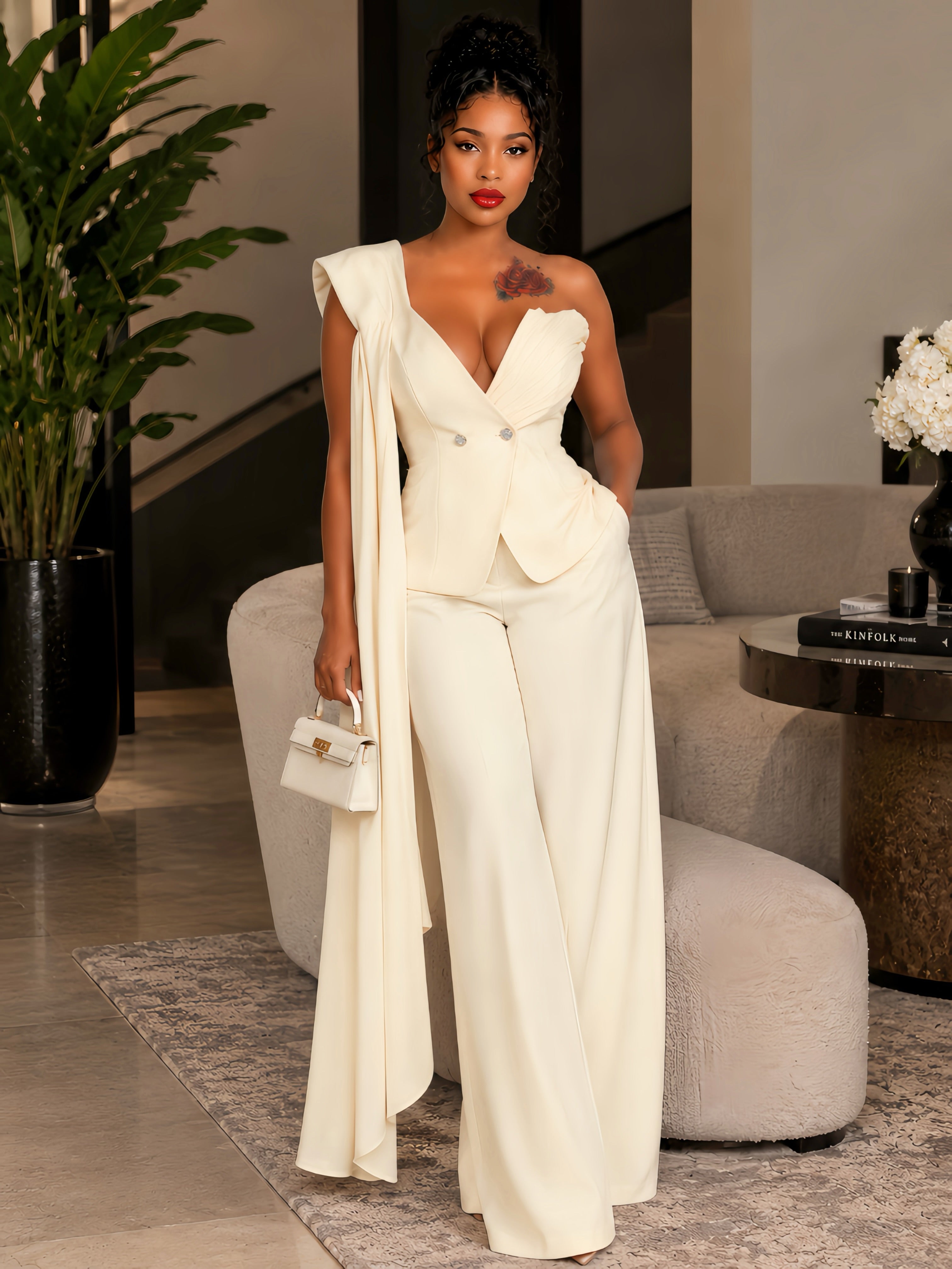 Raisa Yellow Draped Cape Top & Trousers Set