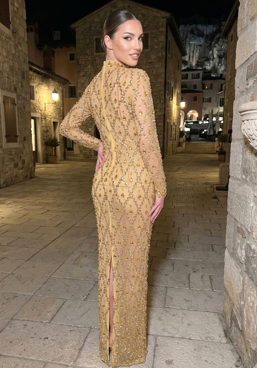 Long Sleeve Embellished Sequin Mesh Maxi Dress Gold