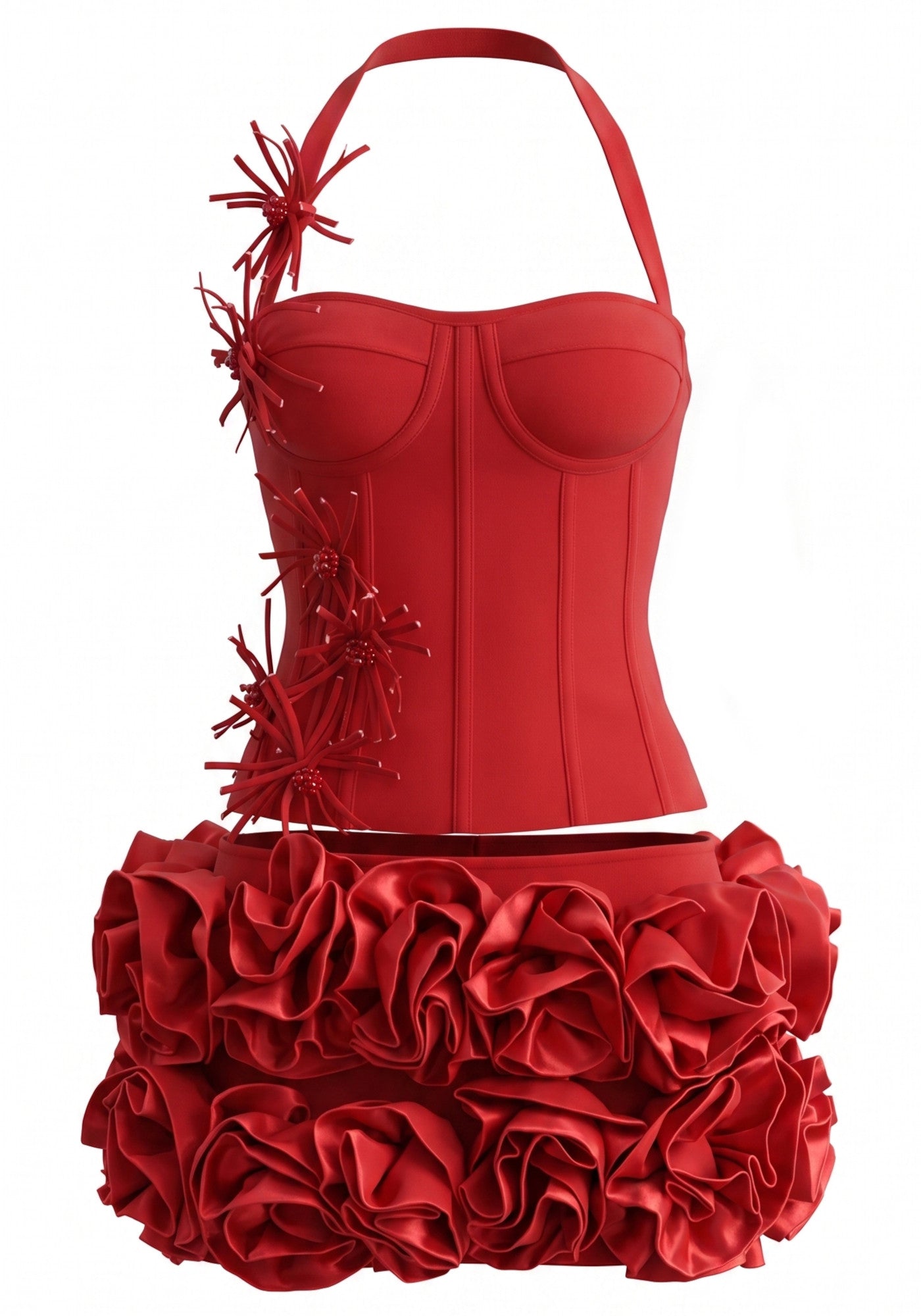 Halter Floral Detail Corset Two Piece Dress Red