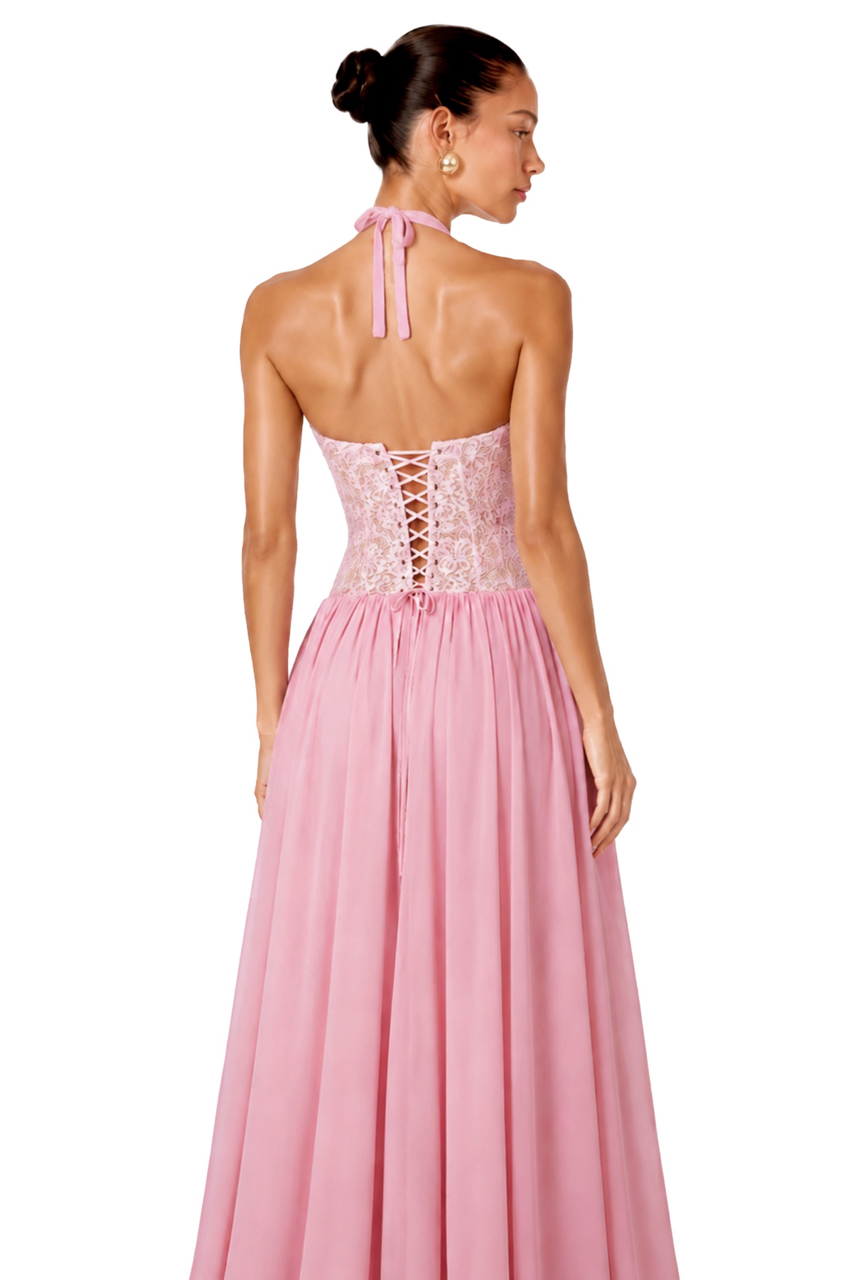 Pink Halterneck Lace Corset Maxi Dress