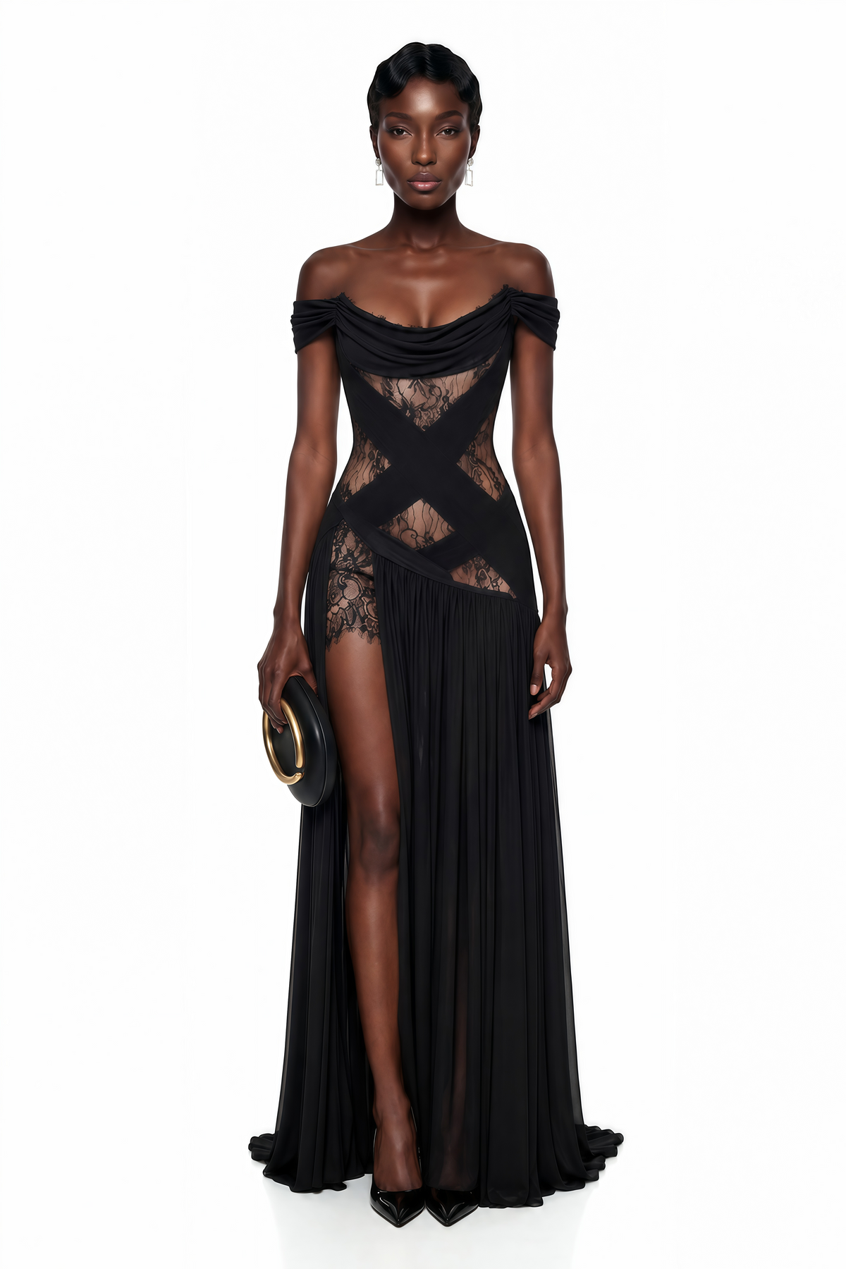 Dildar Black Cross Front Maxi Dress with Lace Panels