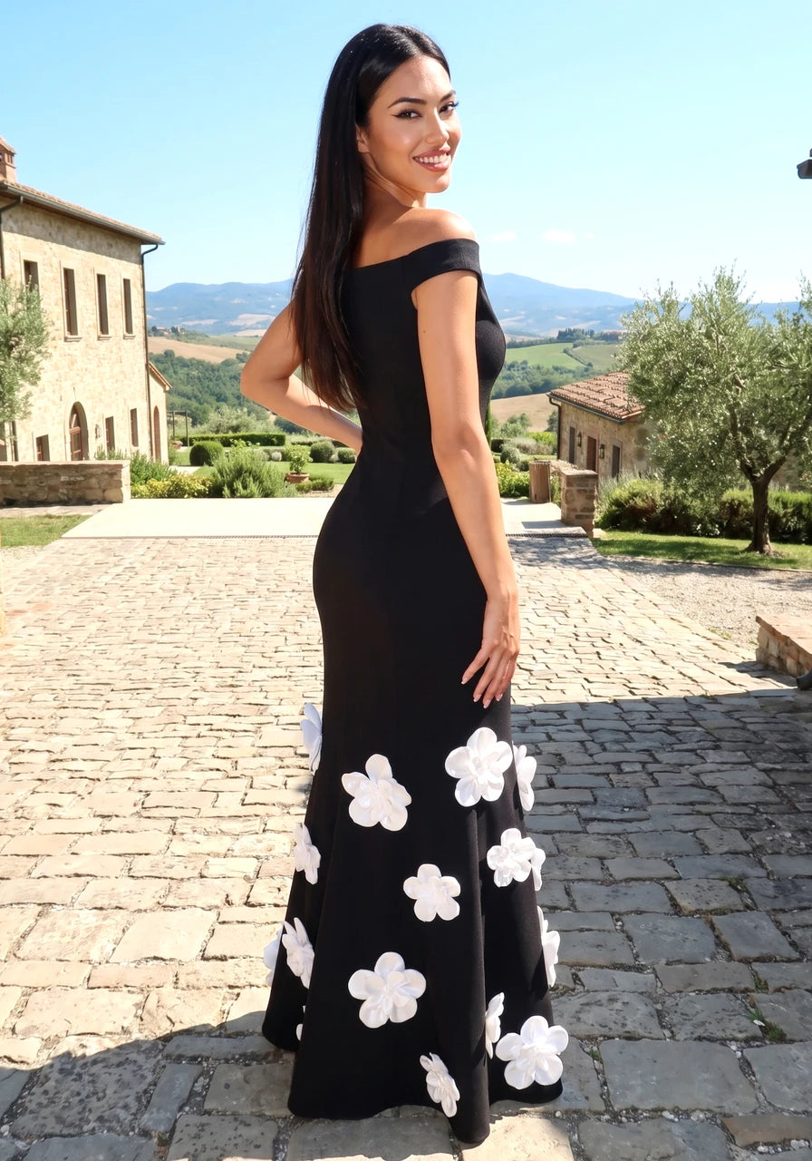 Bardot Floral Mermaid Maxi Dress Black White