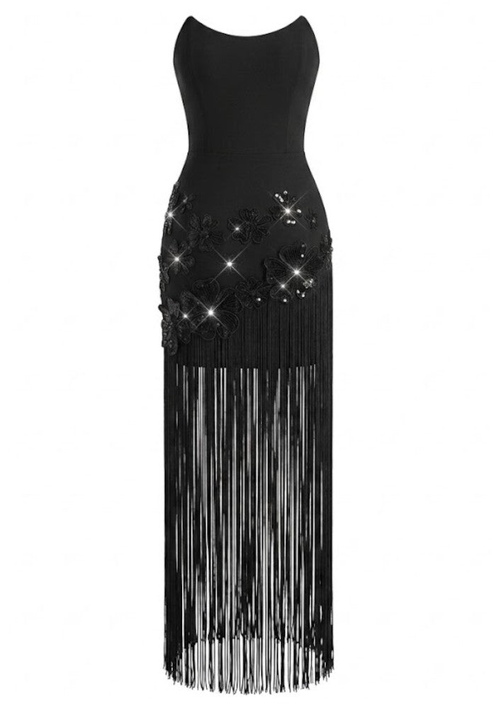 Strapless Floral Tassel Maxi Dress Black